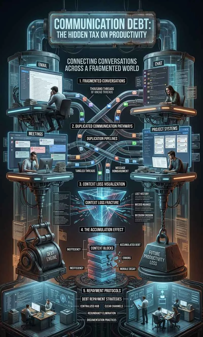 Communication debt visualization showing fragmented updates, unclear instructions, duplicated conversations, and missing context