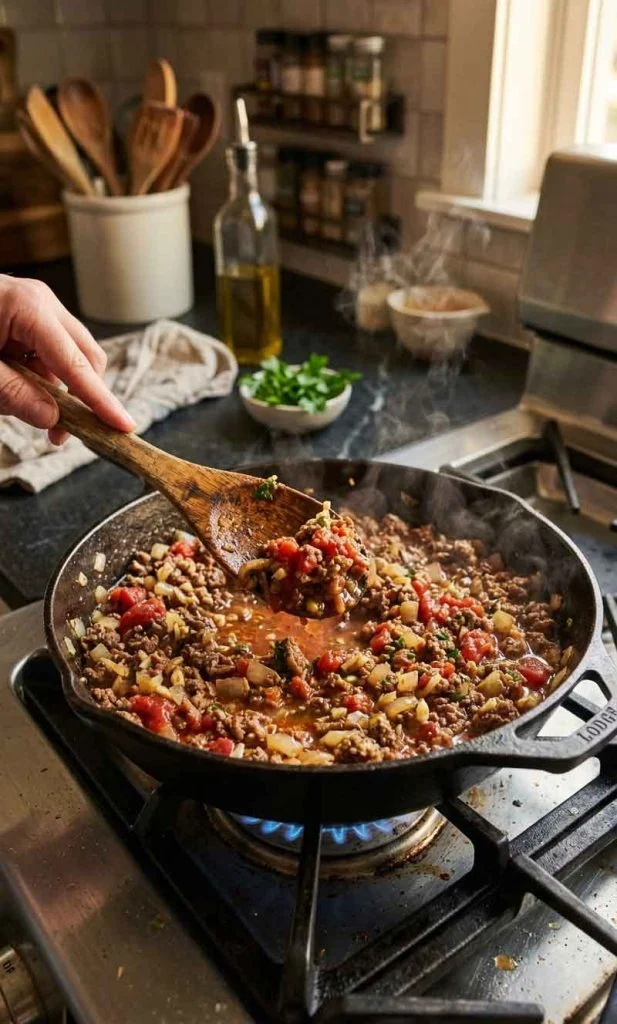 Ground beef cooking with onions and tomatoes for stuffed squash