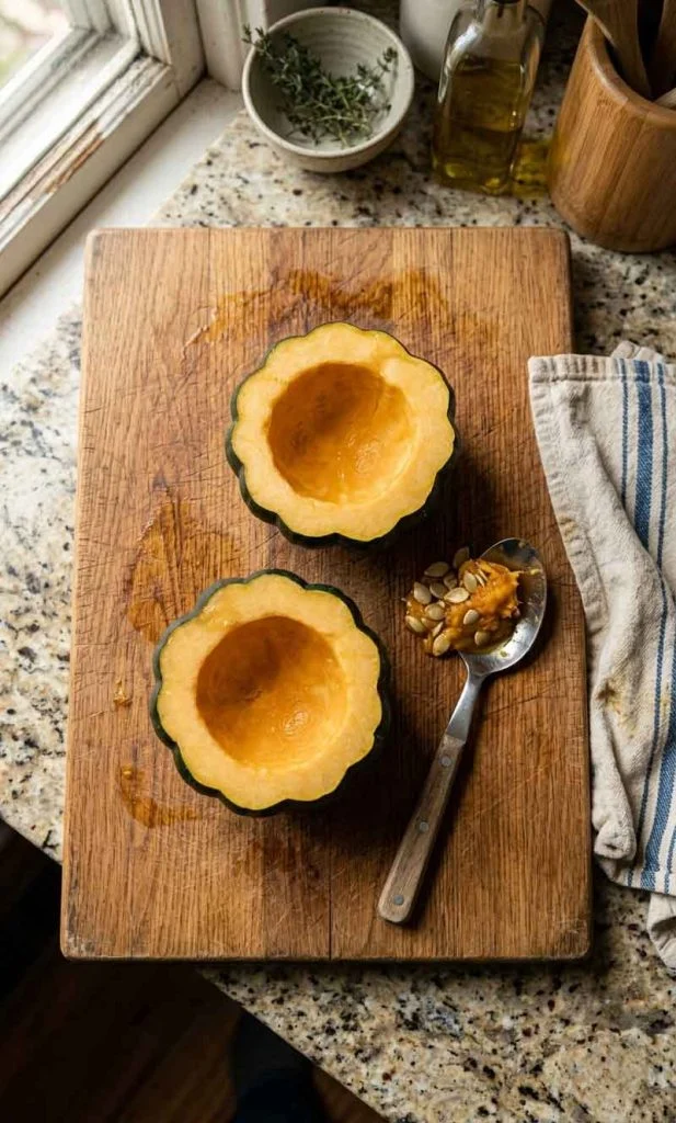 Acorn squash cut in half and cleaned for stuffing