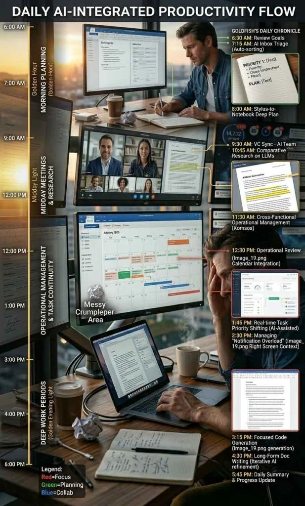 Daily AI productivity workflow timeline showing planning, meetings, research, writing, and operational continuity