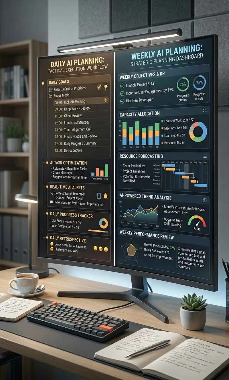 Daily planning versus weekly planning comparison showing execution focus and strategic direction