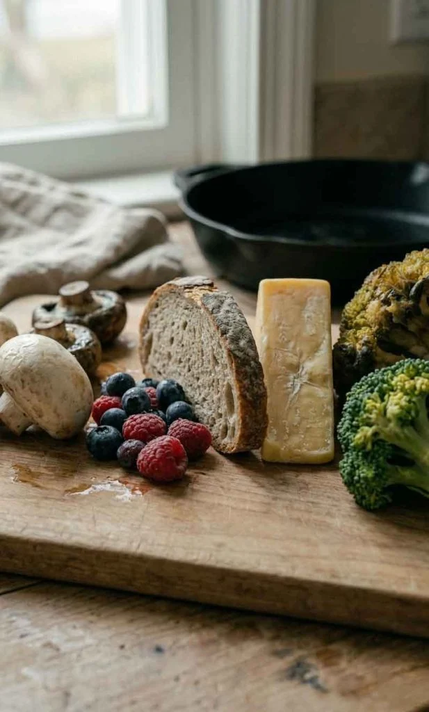 Different foods showing different early spoilage textures