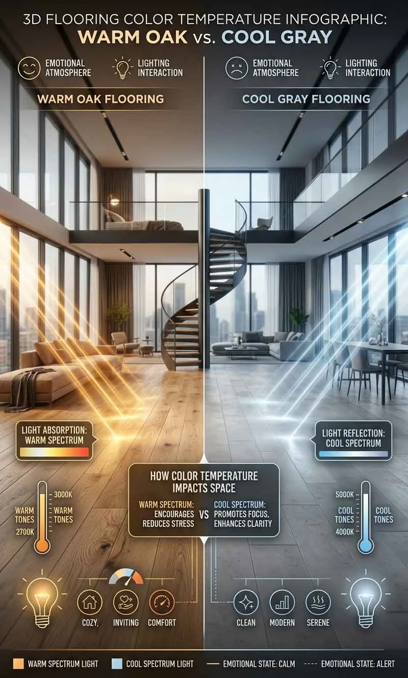 Warm versus cool flooring color temperature comparison inside apartments