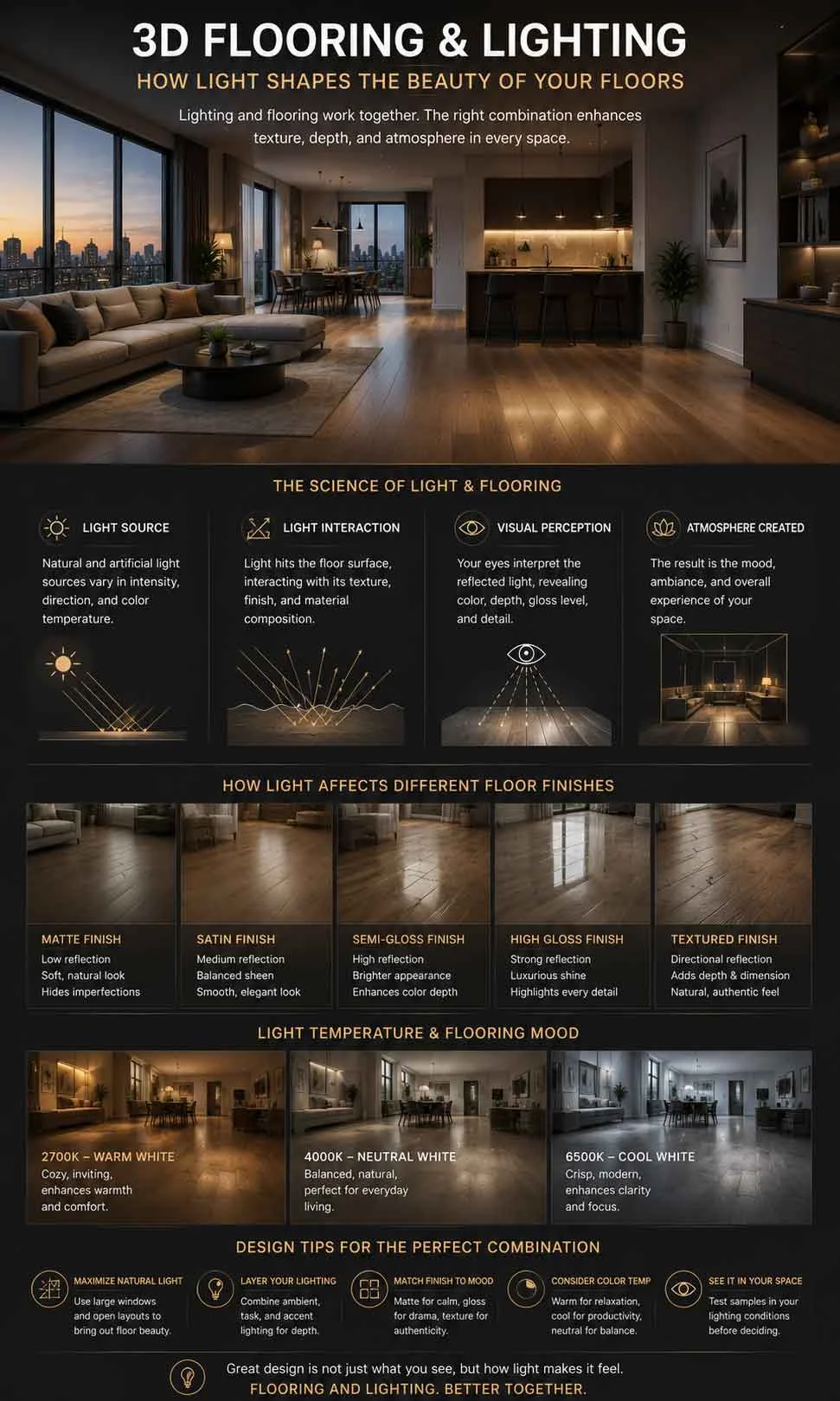 Flooring and lighting interaction inside modern apartment interiors