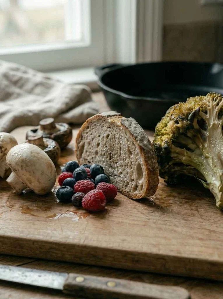 Food showing both dry edges and wet surface during early spoilage