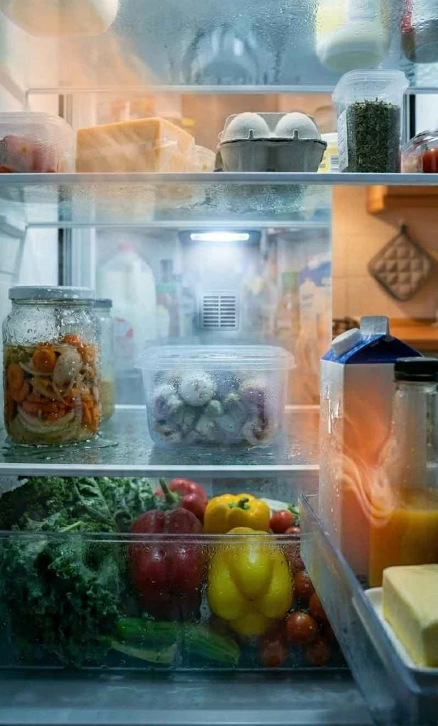 Open refrigerator door causing warm air and moisture to enter