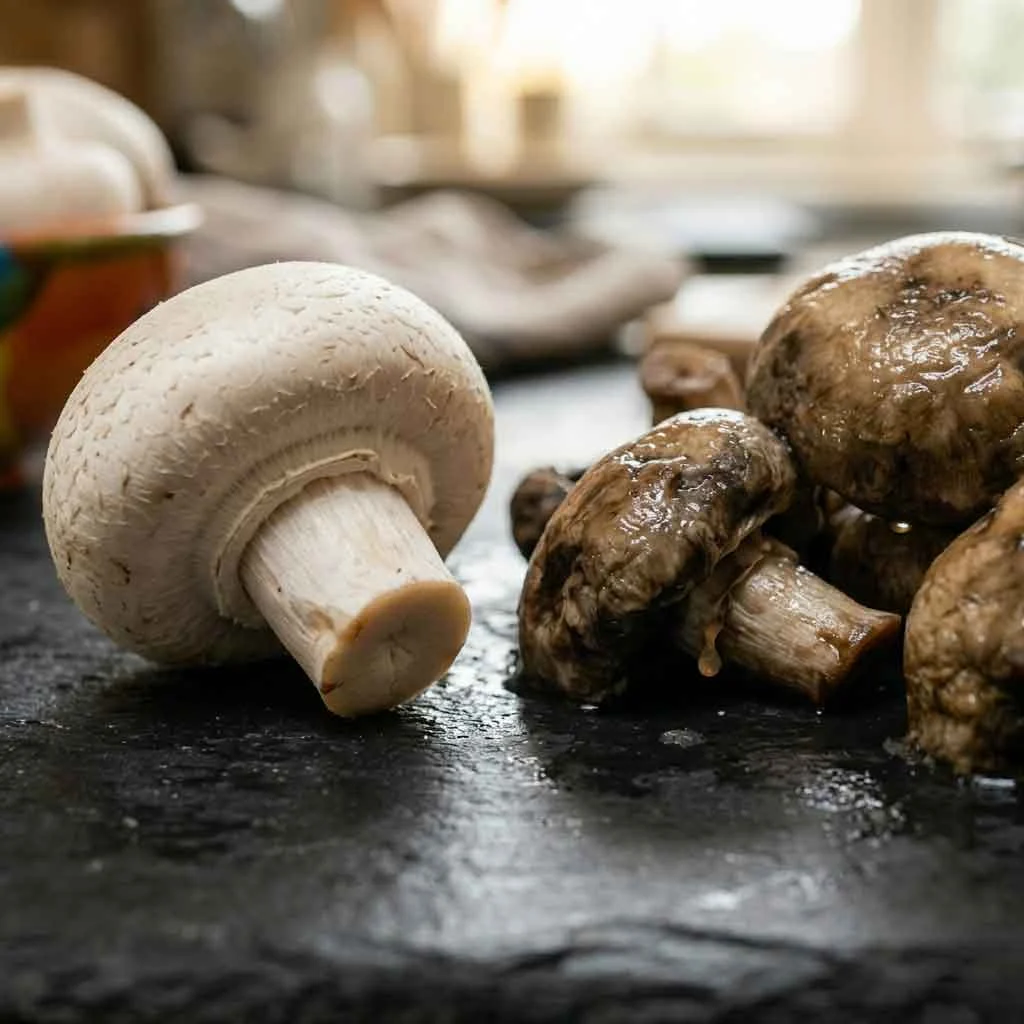 Fresh mushroom texture compared beside slimy spoiled mushroom texture