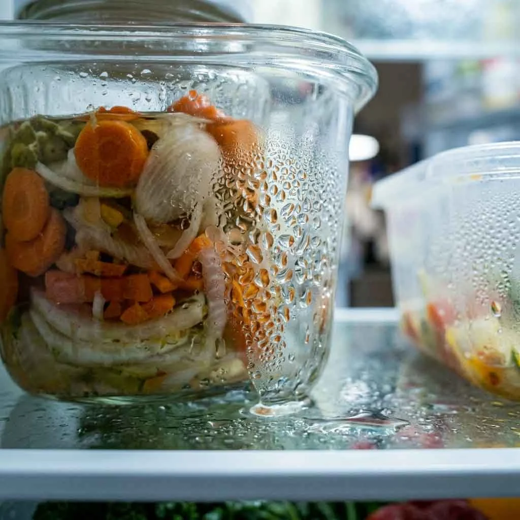 Water droplets forming inside refrigerator near food containers