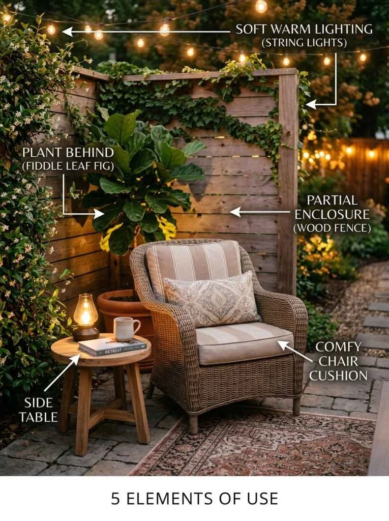 Backyard corner seating with labeled elements like chair table plants and shelter