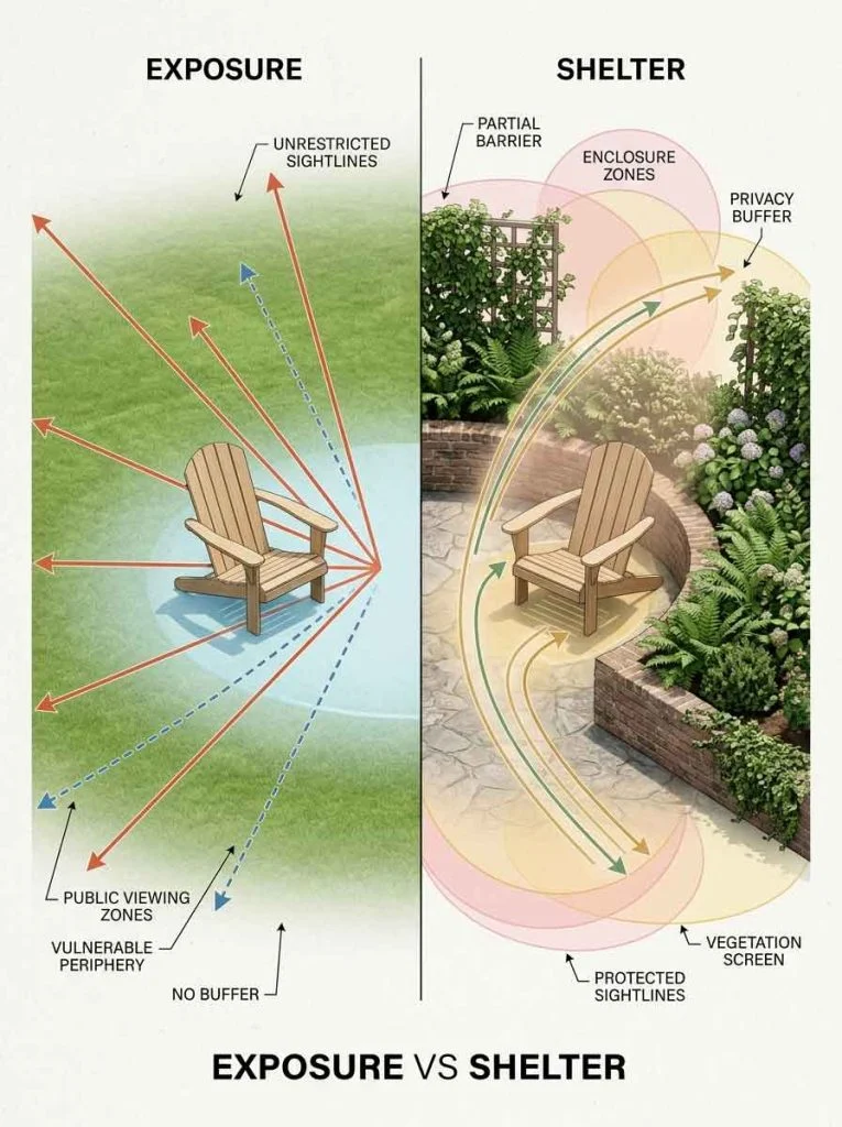 Diagram comparing exposed backyard seating versus partially enclosed seating