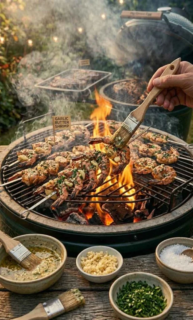 Garlic butter shrimp grilling over open barbecue flame
