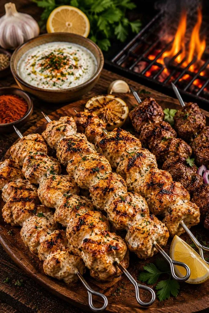 Garlic yogurt marinated chicken kebabs beside smoky barbecue grill