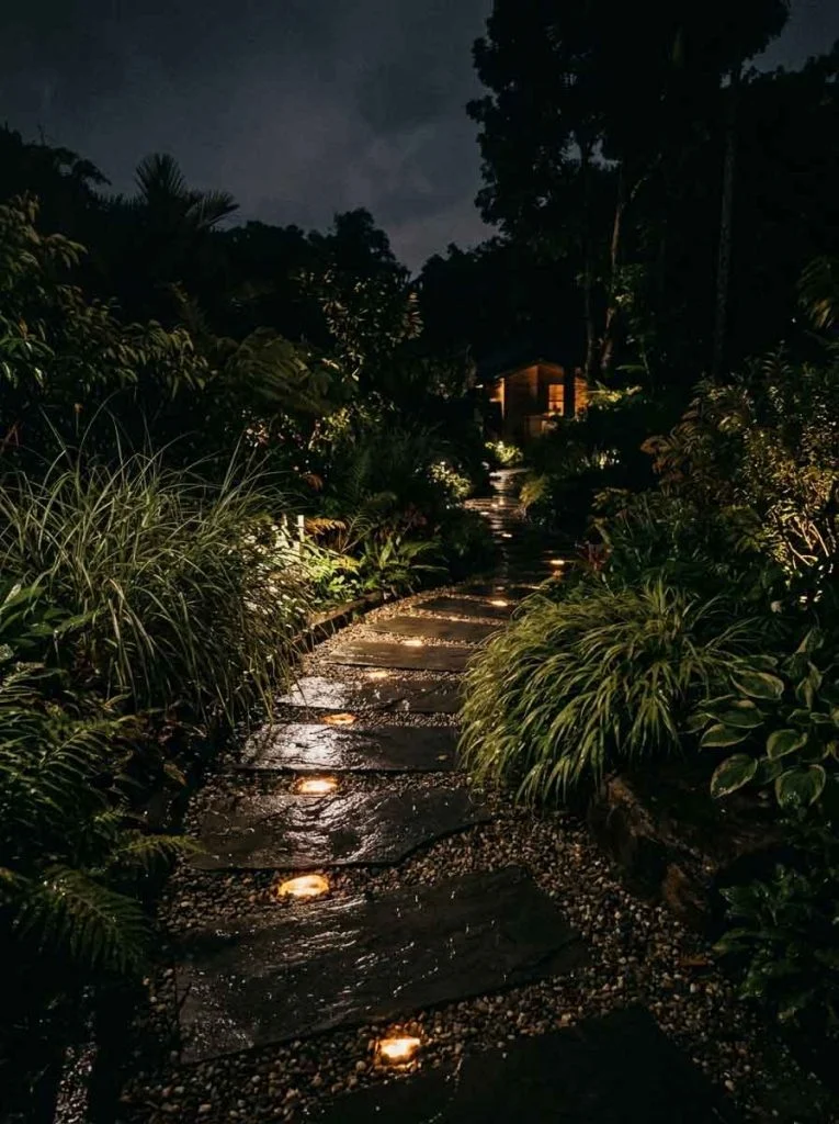 glowing pathway stones illuminating a curved garden walkway at night