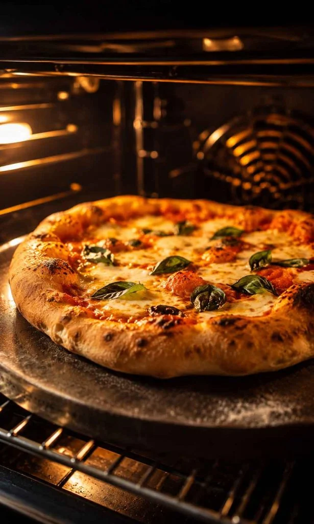 Golden homemade pizza crust browning inside hot oven