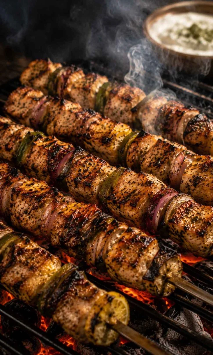Greek chicken kebabs searing on hot grill grates