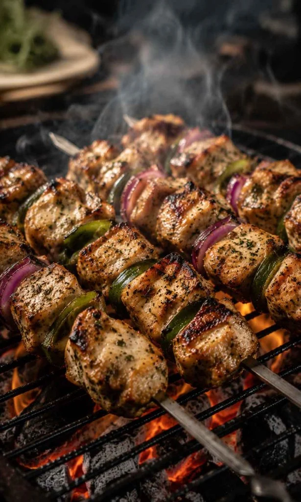 Greek chicken kebabs grilling with char marks and smoke