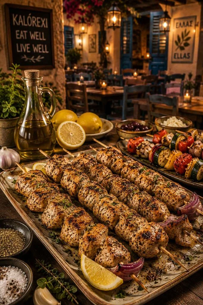 Greek chicken kebab skewers inside warm Mediterranean restaurant interior