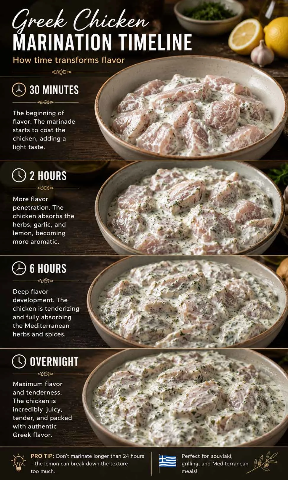 Greek chicken marination timeline from 30 minutes to overnight