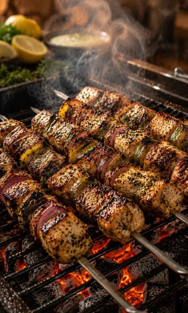 Greek chicken kebabs releasing smoke and herb aroma during grilling