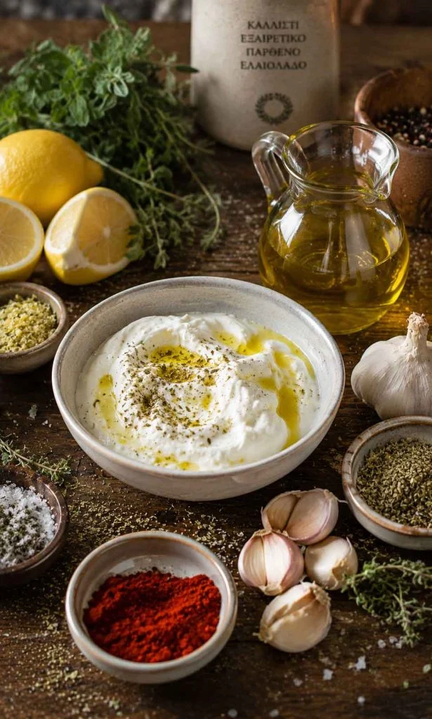 Greek chicken marinade ingredients with yogurt olive oil garlic and oregano