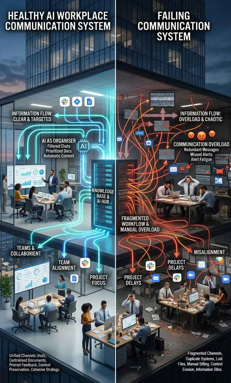 Healthy versus failing AI workplace communication systems showing clarity, alignment, and communication overload