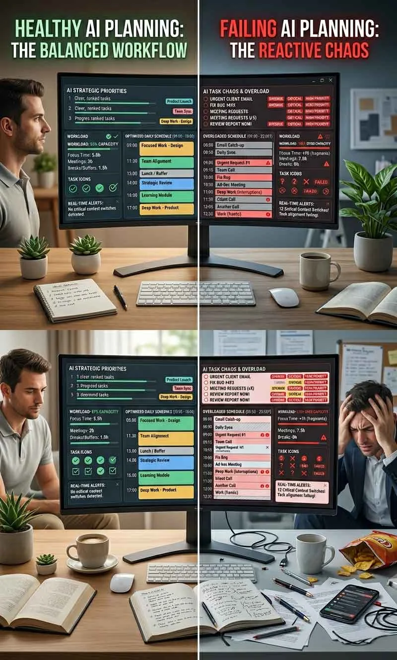 Healthy versus failing AI daily planning systems showing clear priorities and overloaded reactive work