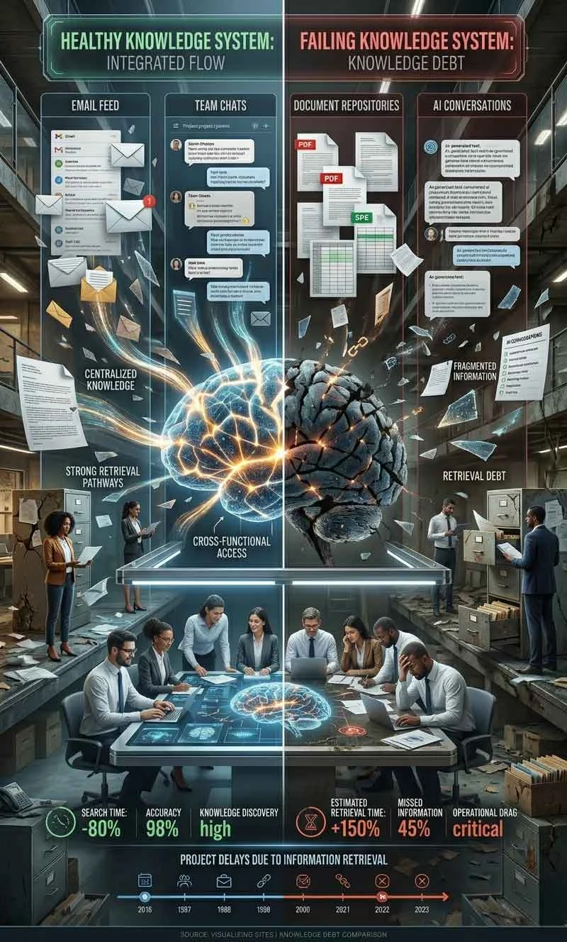 Healthy versus failing AI knowledge management systems showing retrieval quality and information fragmentation