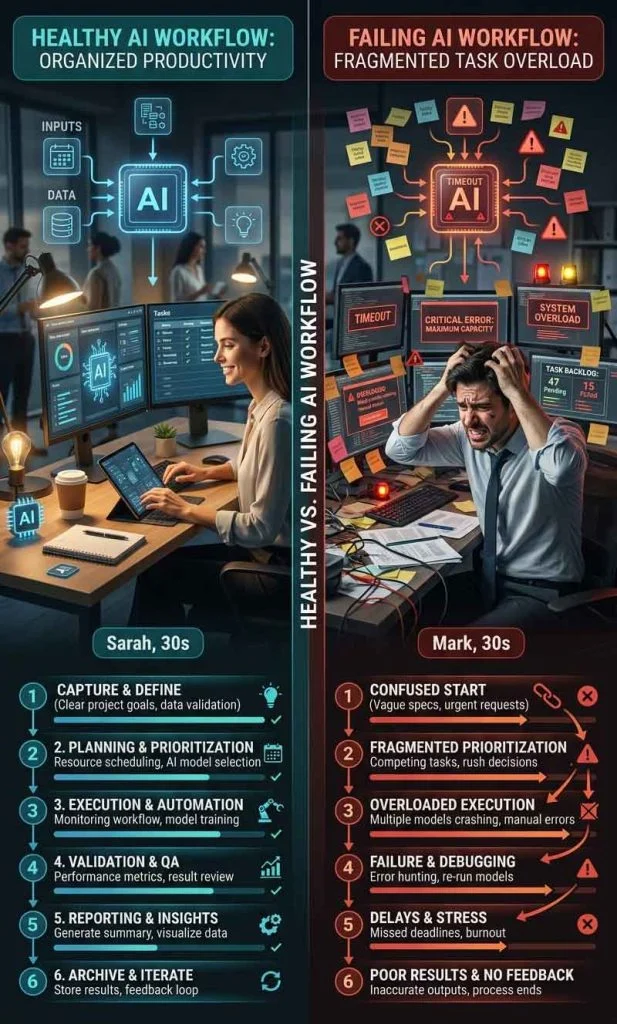 Comparison between healthy AI task workflow and failing AI task workflow environments