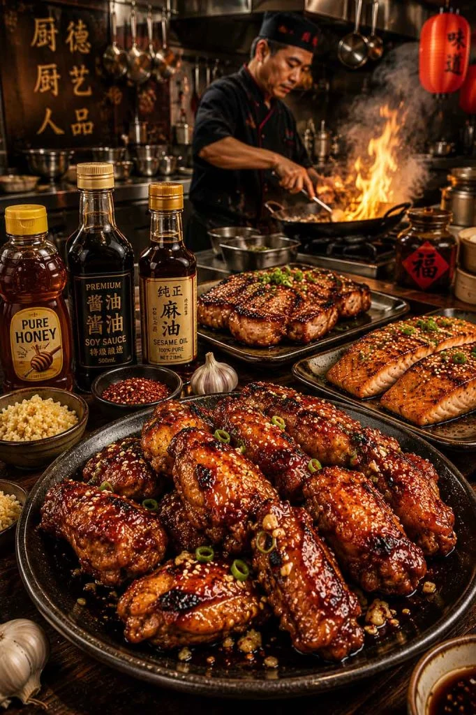 Honey garlic barbecue chicken wings inside Chinese chef kitchen interior