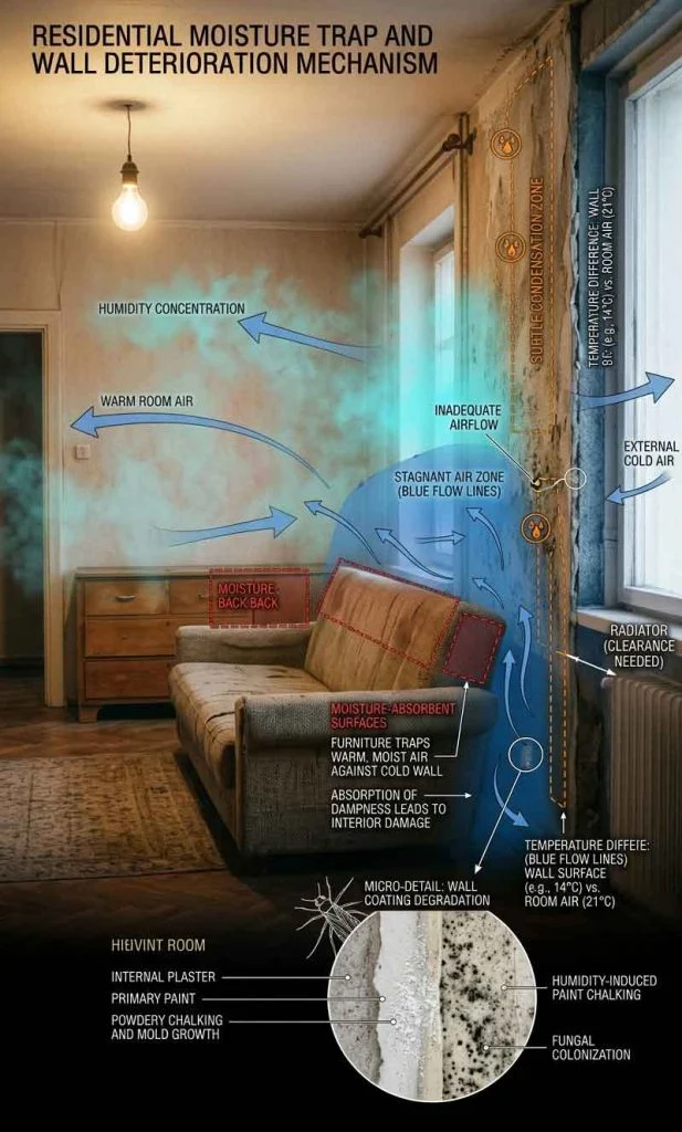 indoor airflow and condensation zones affecting powdery wall paint