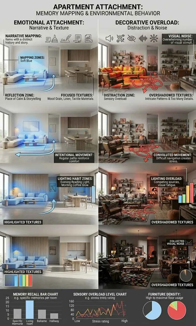 Interior emotional attachment infographic showing memory-driven apartment atmosphere