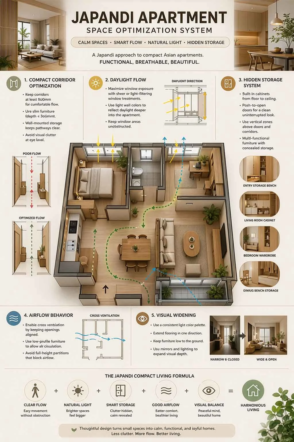 Japandi apartment space optimization diagram for compact Asian interiors