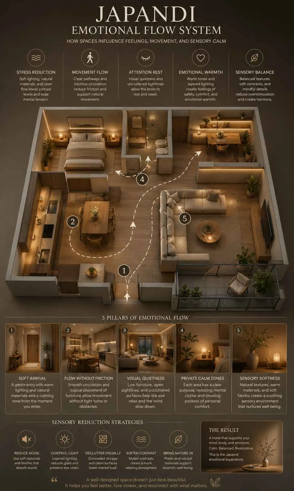 Japandi emotional flow infographic showing movement pathways, sensory calmness, and layered lighting zones inside a minimalist apartment