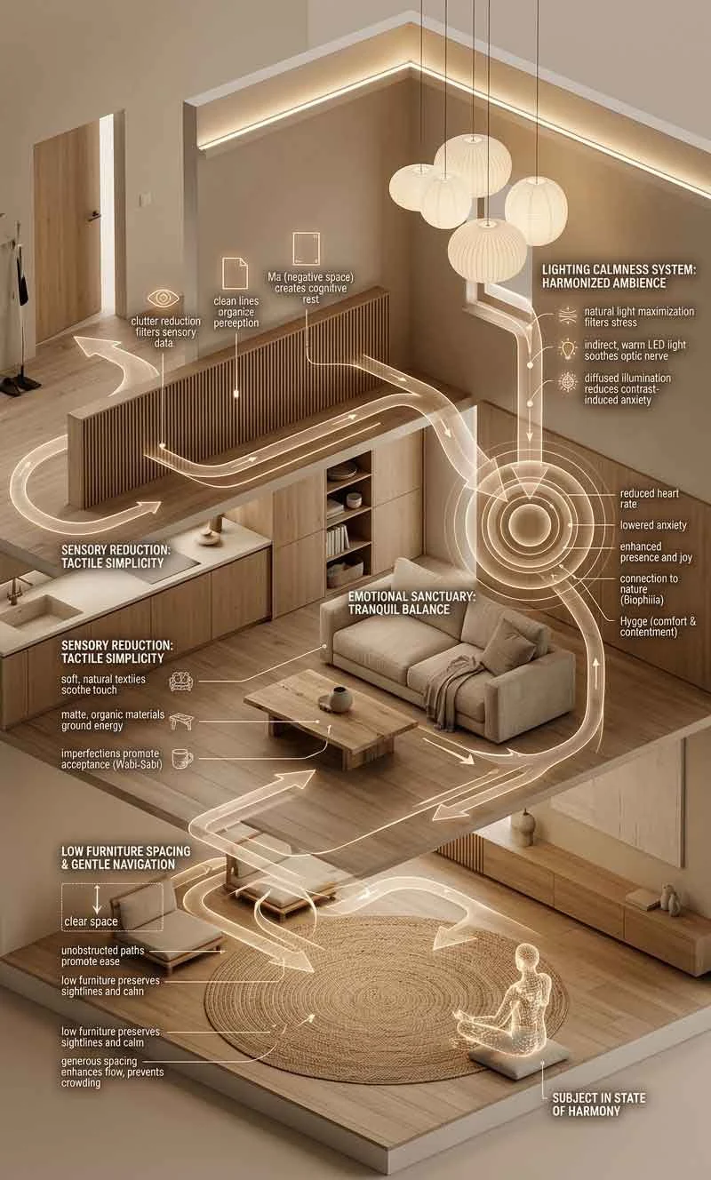 Japandi emotional environmental flow diagram showing lighting, movement, and sensory calmness