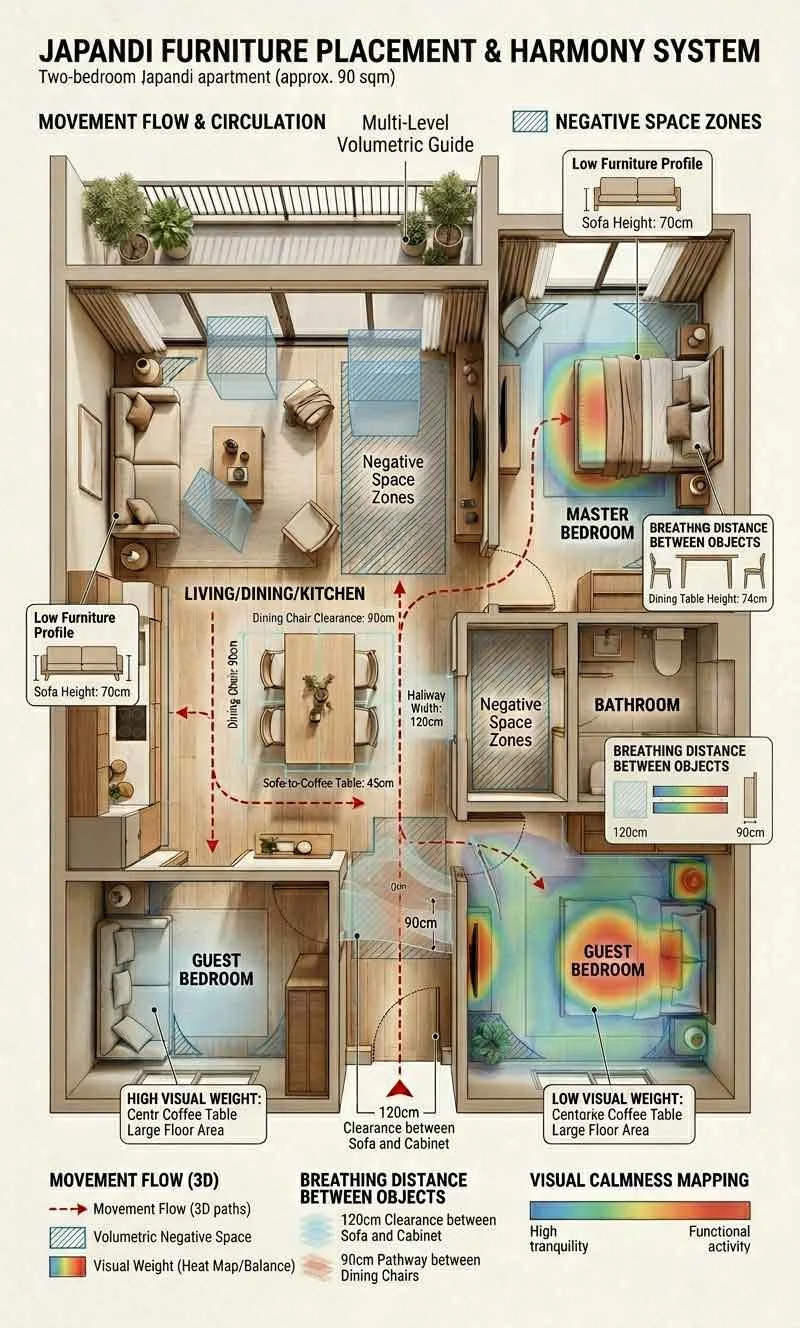 Japandi furniture spacing and visual weight diagram