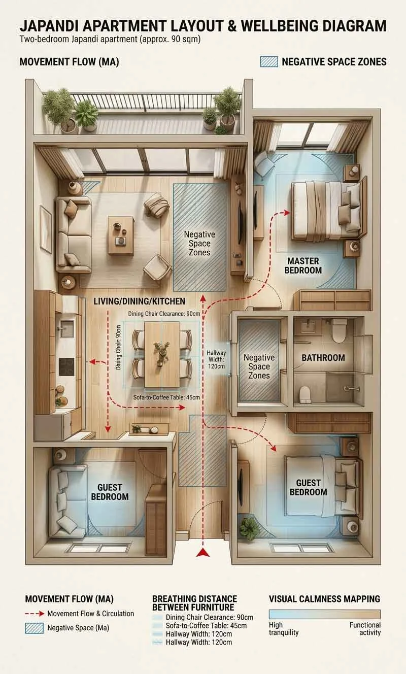 Japandi layout diagram showing breathing space and movement flow
