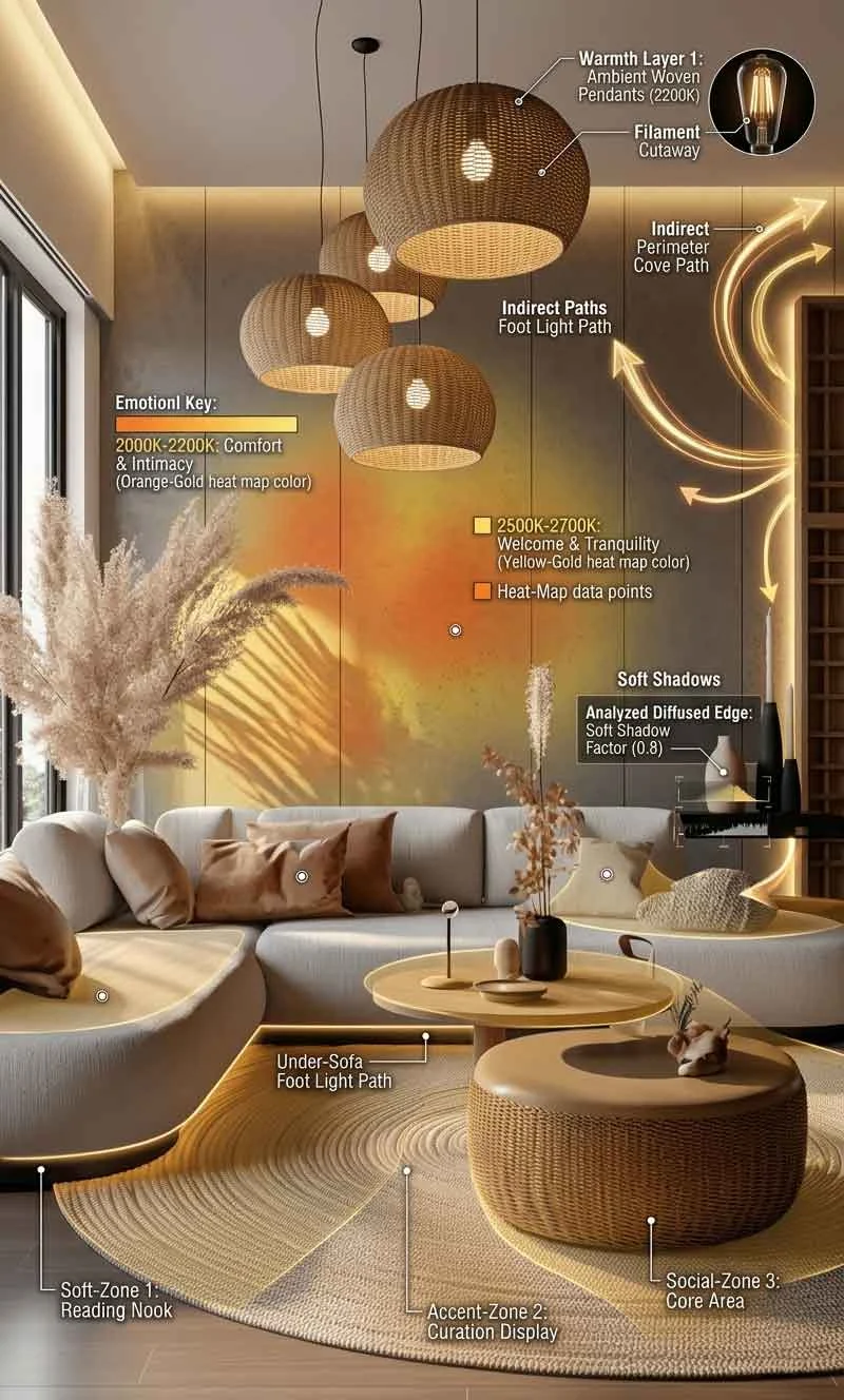 Japandi layered lighting system diagram with warm indirect lighting