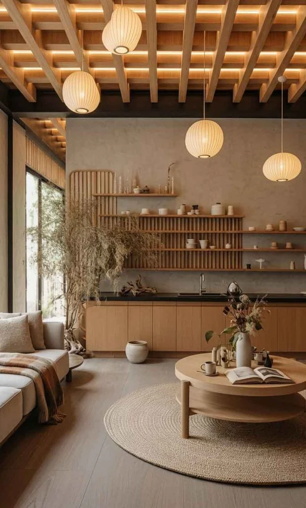 Warm Japandi living room with oak textures and indirect lighting