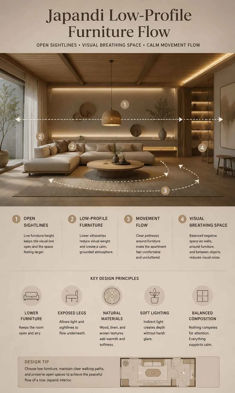 Japandi low-profile furniture layout showing open sightlines and visual breathing space