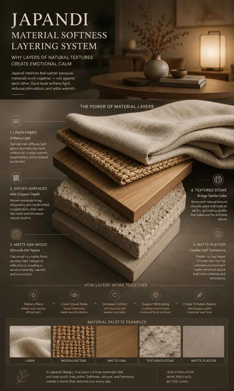 Japandi material softness layering infographic showing linen, textured stone, oak wood, and woven surfaces