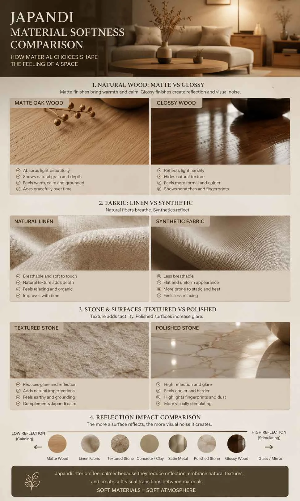 Japandi material texture comparison showing matte wood and soft fabric surfaces