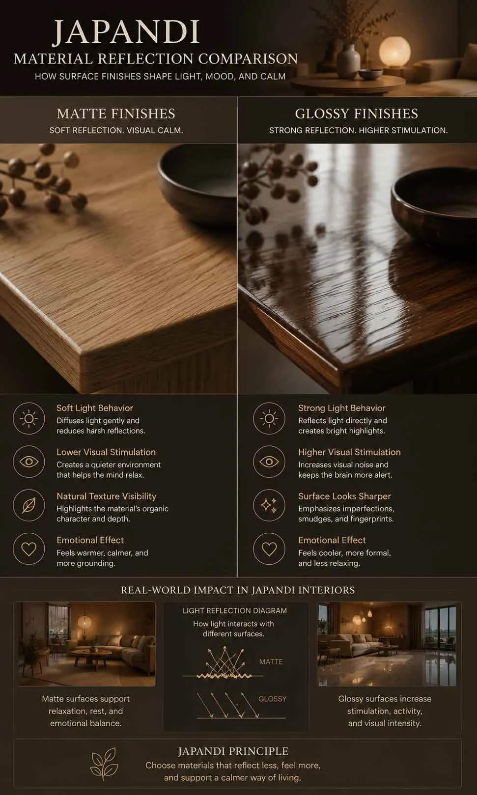 Japandi matte versus glossy material reflection comparison under warm lighting
