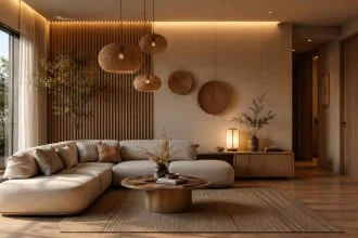 Warm Japandi minimalist apartment interior with layered lighting and natural wood textures