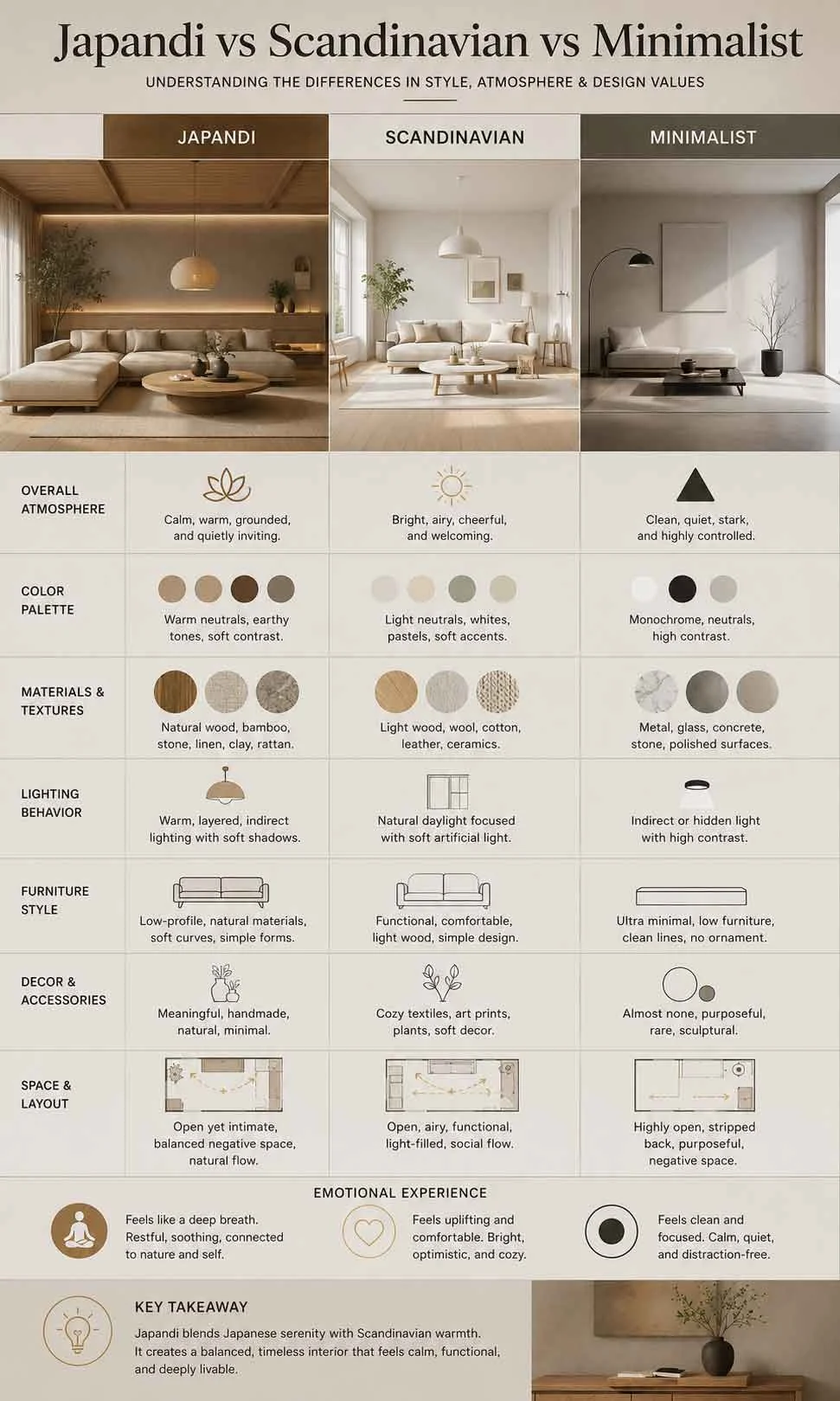 Japandi versus Scandinavian versus minimalist interior comparison infographic
