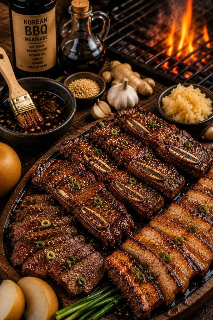 Korean barbecue marinated beef short ribs beside smoky grill flames