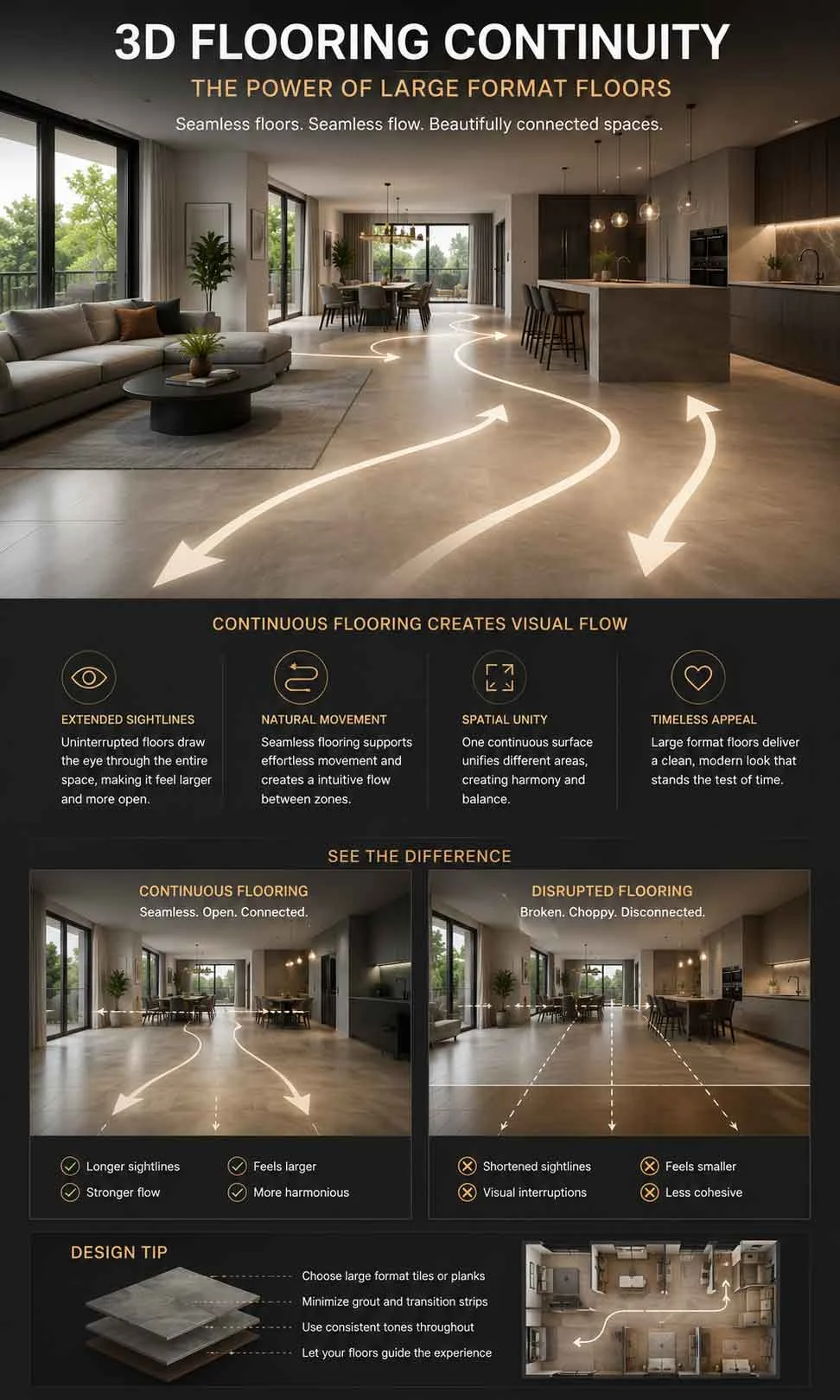 Large format flooring creating spatial continuity inside apartment