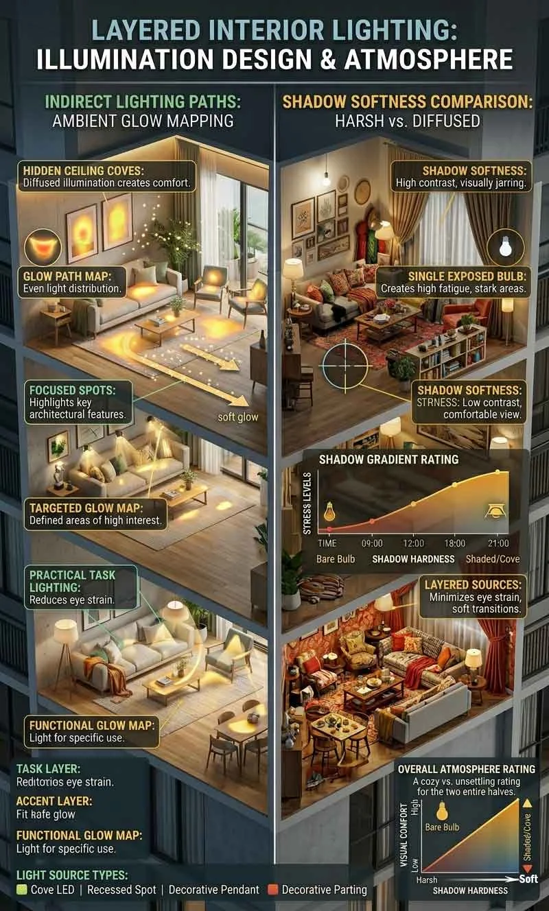 Layered lighting infographic showing how lighting creates unique interior atmosphere
