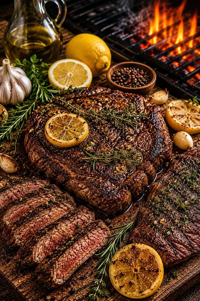 Lemon herb marinated ribeye steak beside smoky barbecue grill flames
