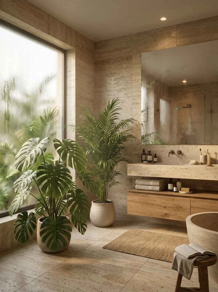 luxury bathroom with monstera and parlor palm placement design