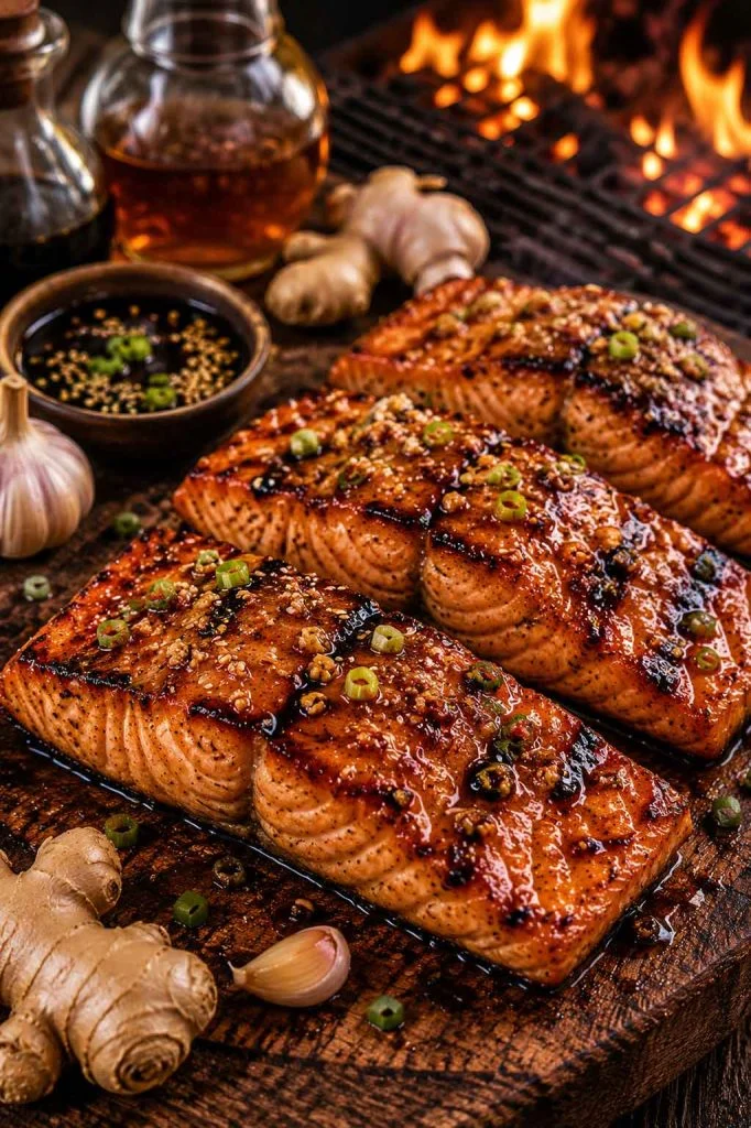 Maple soy glazed salmon beside smoky barbecue grill flames